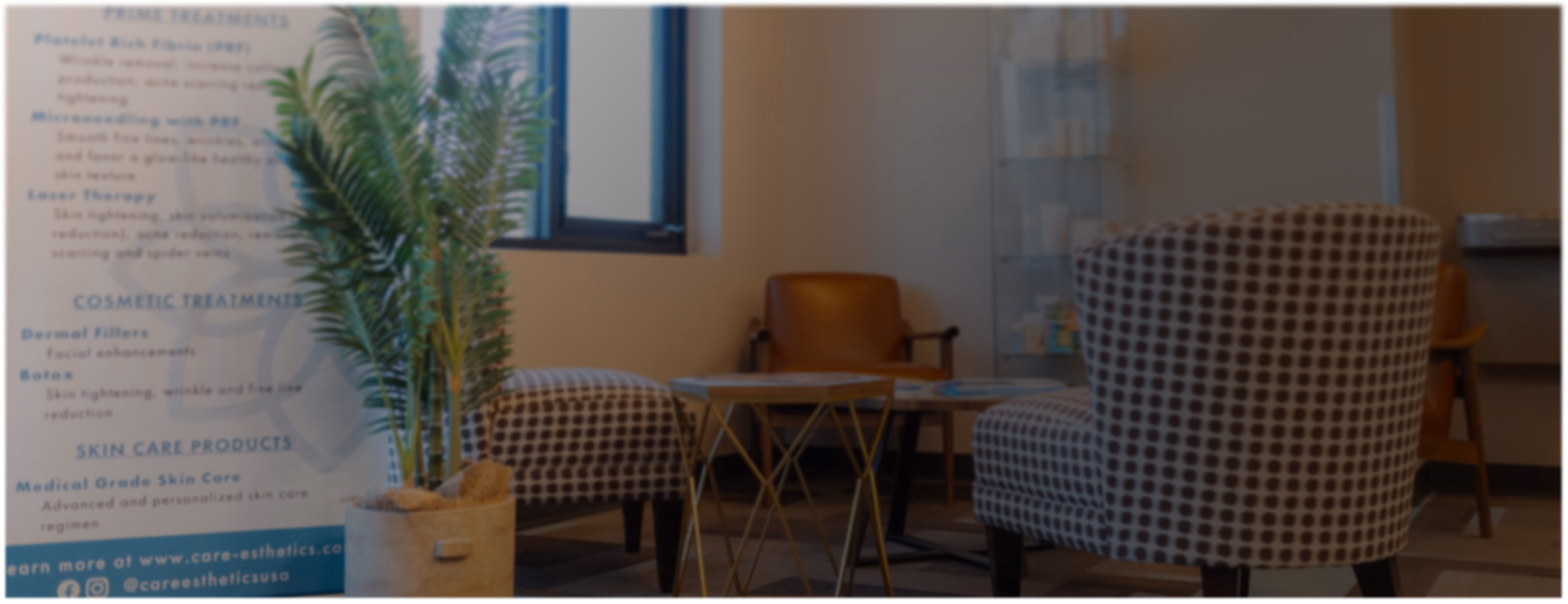 Cozy waiting area with patterned chairs, a small glass table, and a potted plant. A banner on the left lists skincare treatments, creating a calm ambiance.